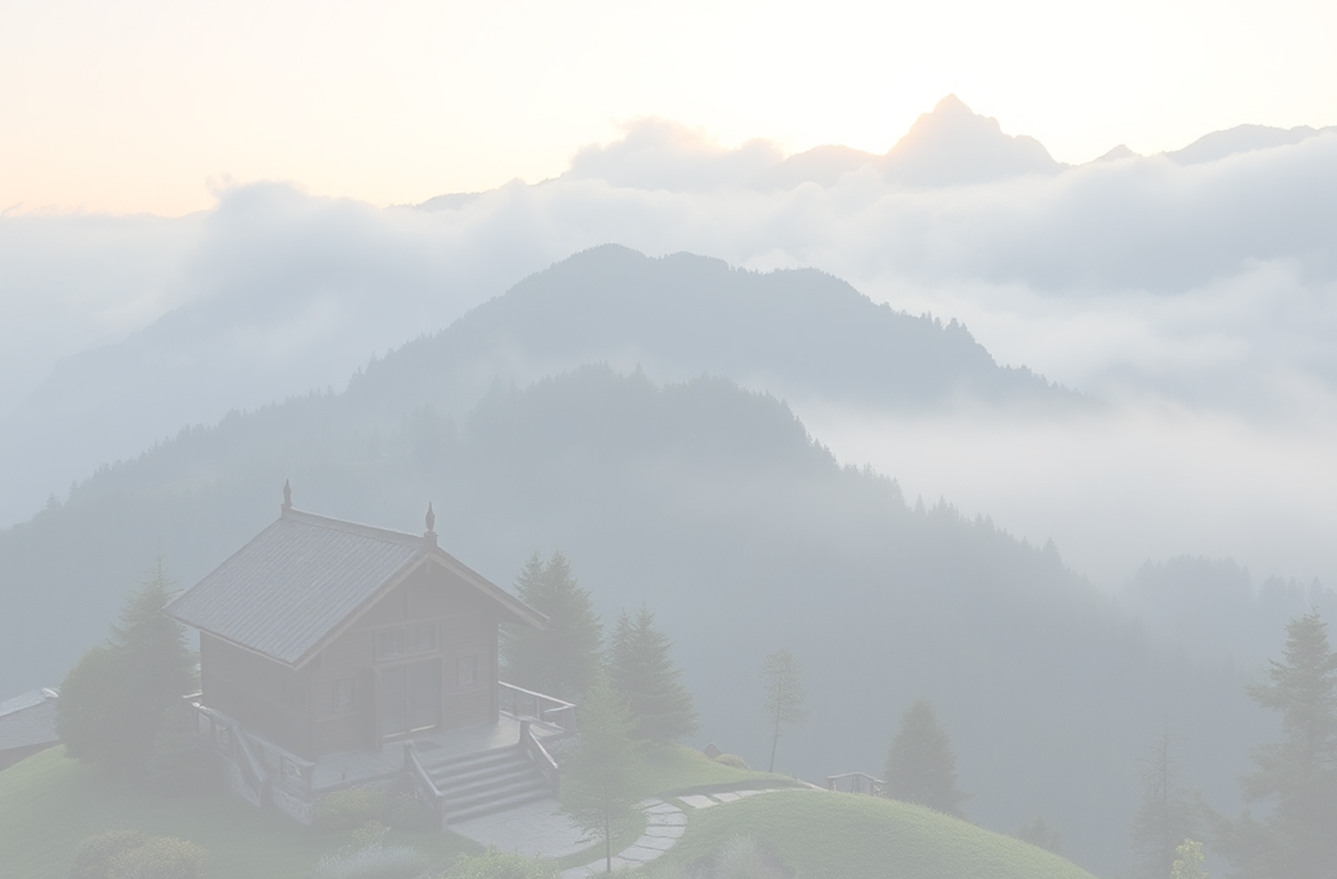serene mountain landscape with meditation retreat center, misty morning light, spiritual sanctuary in nature, peaceful atmosphere