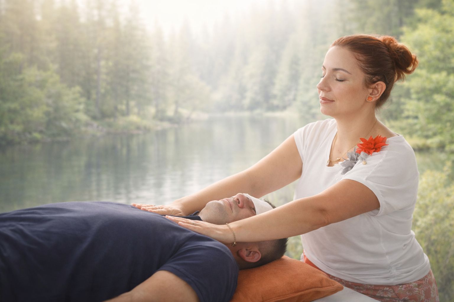 serene mountain landscape with meditation retreat center, misty morning light, spiritual sanctuary in nature, peaceful atmosphere