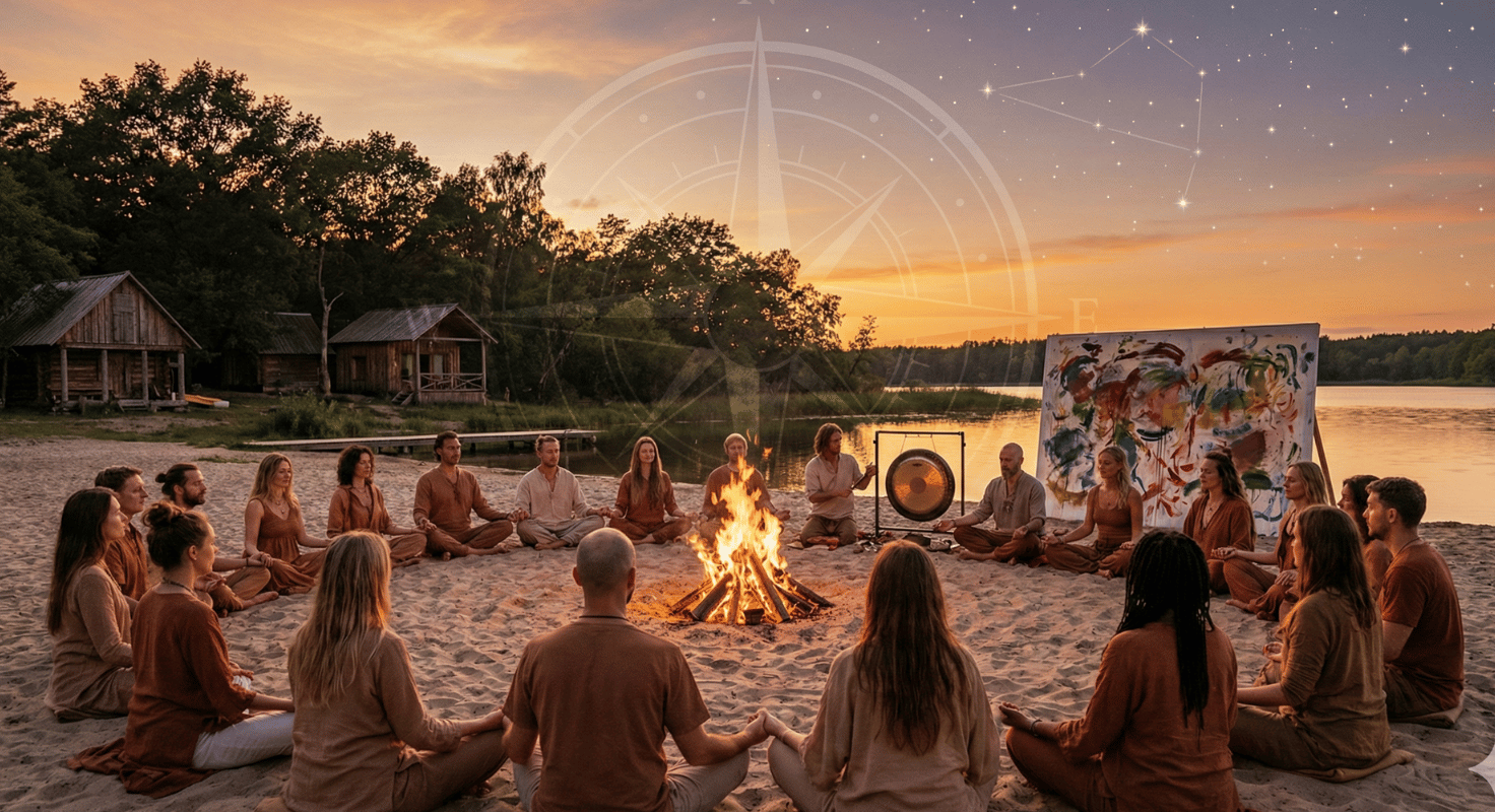 serene mountain landscape with meditation retreat center, misty morning light, spiritual sanctuary in nature, peaceful atmosphere
