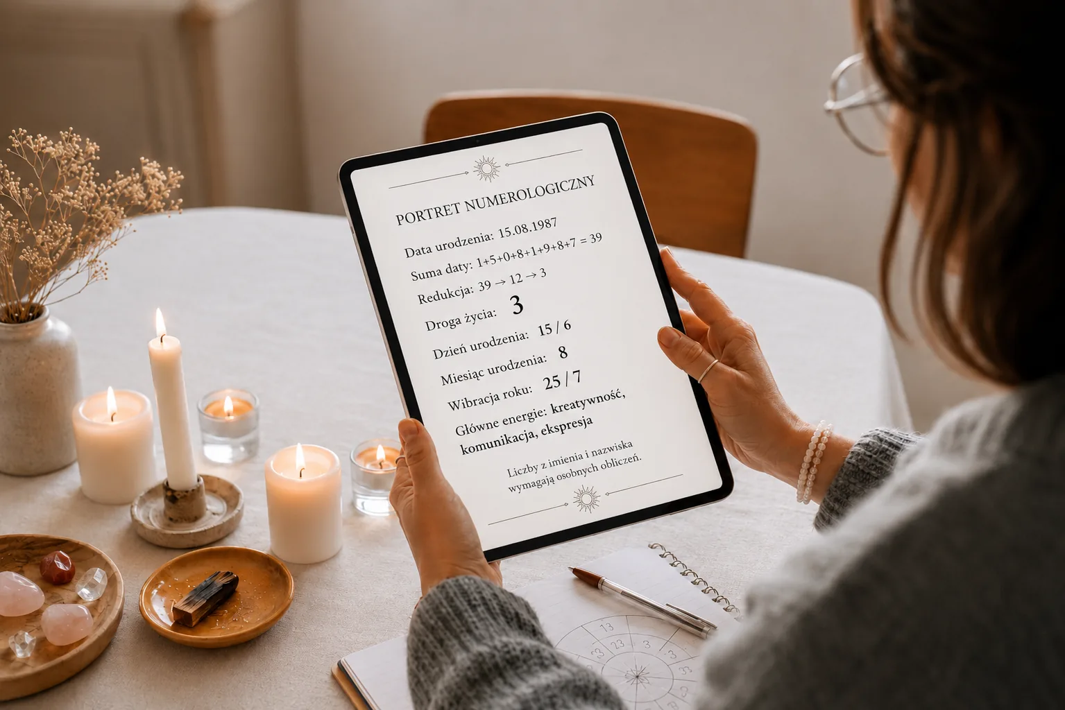Kobieta trzyma tablet z portretem numerologicznym przy stole ze świecami, kryształami i suszonymi kwiatami