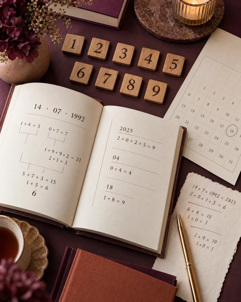 Otwarty zeszyt z obliczeniami numerologicznymi, kalendarz i drewniane cyfry od 1 do 9